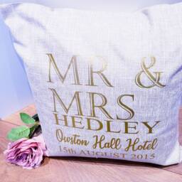 Personalized Mr & Mrs Cushion, Gold Print Wedding Gift - thumbnail 2