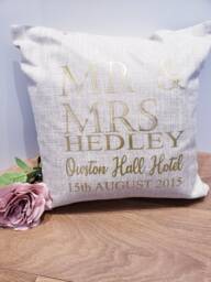 Personalized Mr & Mrs Cushion, Gold Print Wedding Gift - thumbnail 1