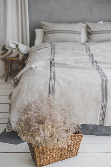 Heavyweight Softened Linen Bedspread With Black Stripes, Farmhouse Bed Cover, Natural Blanket, Handmade Throw Blanket - image 1