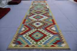 3'7x16 Ft Geometric Kilim Rug, Afghan Hand Woven Veg Dyes Wool Runner Flatweave Wide Hallway Runner, Entryway - thumbnail 1