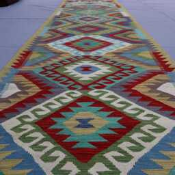 3'7x16 Ft Geometric Kilim Rug, Afghan Hand Woven Veg Dyes Wool Runner Flatweave Wide Hallway Runner, Entryway - thumbnail 3