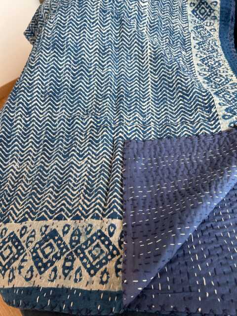 Indigo Chevron Quilt Handmade Cotton Kantha Stitch Bedspread - image 1