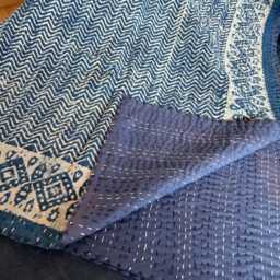 Indigo Chevron Quilt Handmade Cotton Kantha Stitch Bedspread - thumbnail 4