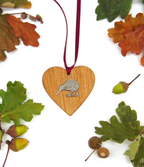 Kiwi Bird Design Oak Heart Ornament, Handmade Wooden Decoration, Gift, New Zealand Gift - image 1