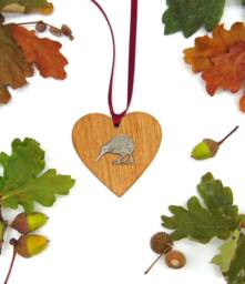 Kiwi Bird Design Oak Heart Ornament, Handmade Wooden Decoration, Gift, New Zealand Gift - thumbnail 1