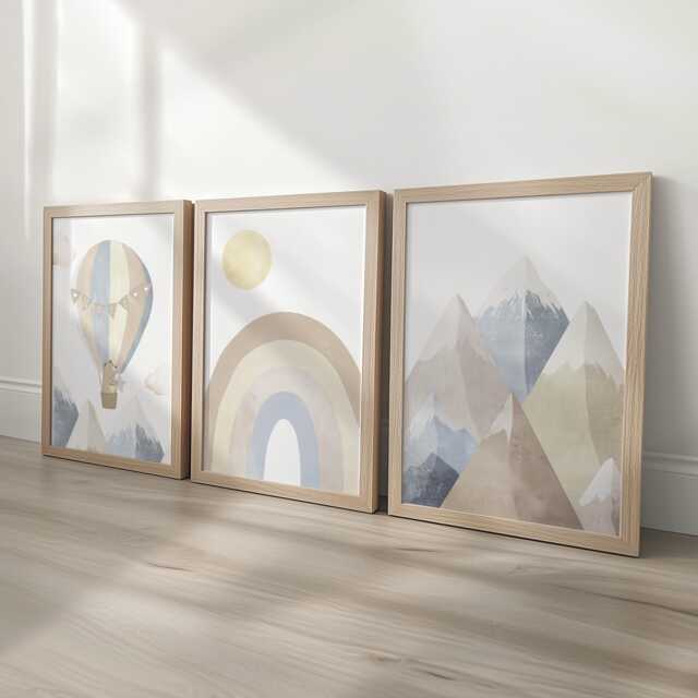 Neutral Beige Grey Personalised Set Of 3 Prints For Nursery, Rainbow Wall Art Baby Bedroom, Mountain Decor, Framed Kids Room - image 1