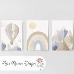 Neutral Beige Grey Personalised Set Of 3 Prints For Nursery, Rainbow Wall Art Baby Bedroom, Mountain Decor, Framed Kids Room - thumbnail 3