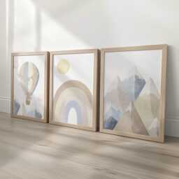 Neutral Beige Grey Personalised Set Of 3 Prints For Nursery, Rainbow Wall Art Baby Bedroom, Mountain Decor, Framed Kids Room - thumbnail 1