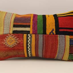 Vintage Turkish Kilim Lumbar Pillow, Patchwork Wool Cushion - 12x20 In - thumbnail 2