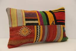Vintage Turkish Kilim Lumbar Pillow, Patchwork Wool Cushion - 12x20 In