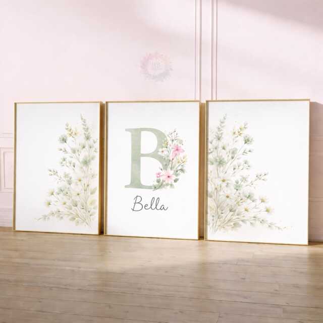 Girls Wildflower Nursery Prints - Personalised Sage Green Set, Floral Girl Bedroom Wall Art - image 1