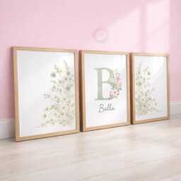 Girls Wildflower Nursery Prints - Personalised Sage Green Set, Floral Girl Bedroom Wall Art - thumbnail 2