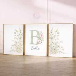 Girls Wildflower Nursery Prints - Personalised Sage Green Set, Floral Girl Bedroom Wall Art