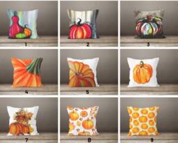 Halloween Pumpkin Fall Throw Pillow Cover/Pumpkin Cushion Top/Orange Green Red Pillow/Autumn Top/Gift For Her - thumbnail 1