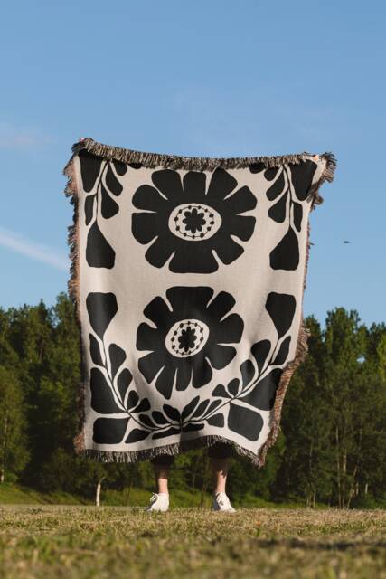 Black Beige Matisse Style Bohemian Flower Woven Cotton Throw Blankets - image 1