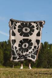 Black Beige Matisse Style Bohemian Flower Woven Cotton Throw Blankets - thumbnail 1