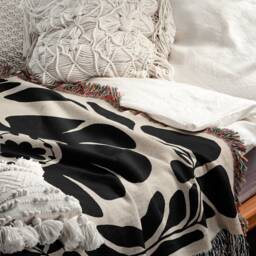 Black Beige Matisse Style Bohemian Flower Woven Cotton Throw Blankets - thumbnail 2