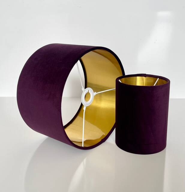 New High Quality Made By Order Handmade Upholstery Velvet Fabric Lamp Shade Pendant Light Drum Shape Plum Purple Metallic Lining - image 1