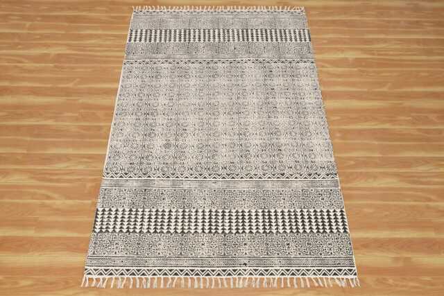 Black Cotton Rug, Block Printed Bedroom Flat Weave Dhurrie, Hallway Stair Runner, Custom Yoga Mat, Picnic Rug 5x8 3x0 12x12 Feet - image 1