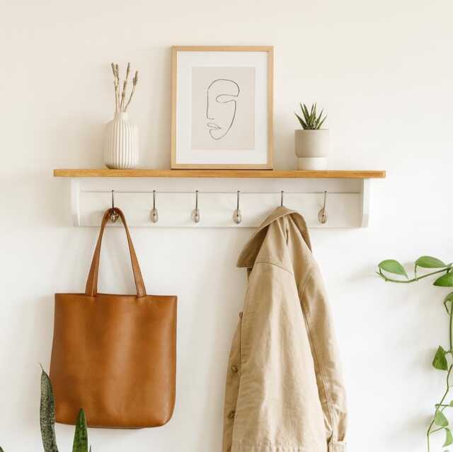 White Coat Rack With Oak Shelf & Hooks - Coat For Entryway Hallway More Options Available - image 1