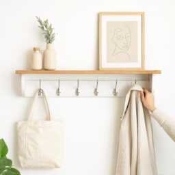 White Coat Rack With Oak Shelf & Hooks - Coat For Entryway Hallway More Options Available - thumbnail 3
