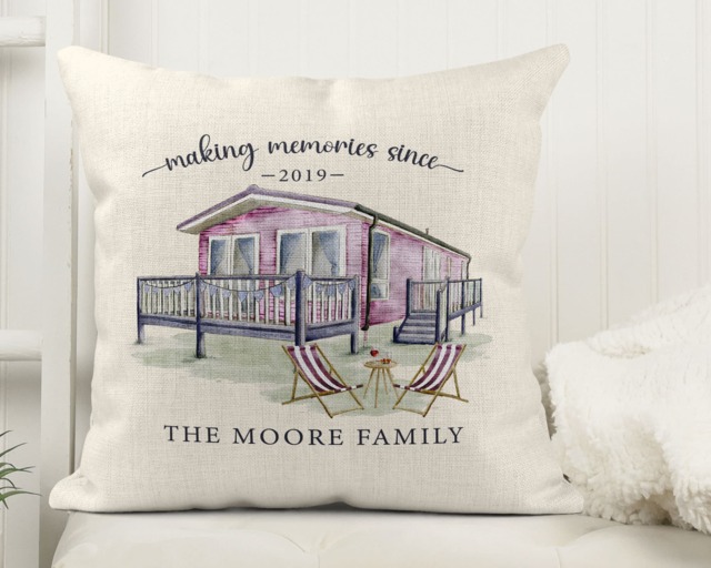 Personalised Linen Static Caravan Cushion - Family Making Memories Scatter Cushon, Pillow Gift For Owner - image 1