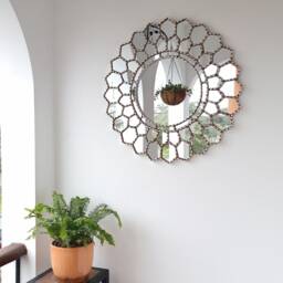 Peruvian Silver Mandala Mirror 60 cm Handmade Wall Decor - Carved Wood Round Boho Statement For Living Room Bathroom - thumbnail 3