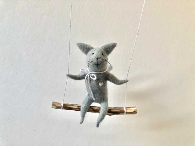 Cat On Swing , Gray Needle Felted Cat, Nursery Decoration, Baby Crib Mobile, Toy, Mobile - image 1