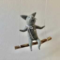 Cat On Swing , Gray Needle Felted Cat, Nursery Decoration, Baby Crib Mobile, Toy, Mobile - thumbnail 4