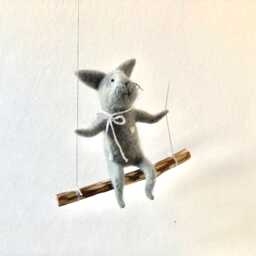 Cat On Swing , Gray Needle Felted Cat, Nursery Decoration, Baby Crib Mobile, Toy, Mobile - thumbnail 3