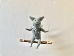 Cat On Swing , Gray Needle Felted Cat, Nursery Decoration, Baby Crib Mobile, Toy, Mobile