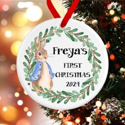 Baby First Christmas Rabbit Wreath Tree Decoration - Personalised New Ornament Ceramic Bauble Boy Girl Newborn Blue - thumbnail 2