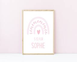Pink Rainbow Nursery Prints, Personalised Girls Decor, Pastel Custom Pale - thumbnail 1