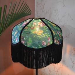 Hand-stitched Silk Lampshade Green Secret Garden Print With Black Rayon Fringe - thumbnail 3