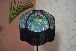 Hand-stitched Silk Lampshade Green Secret Garden Print With Black Rayon Fringe