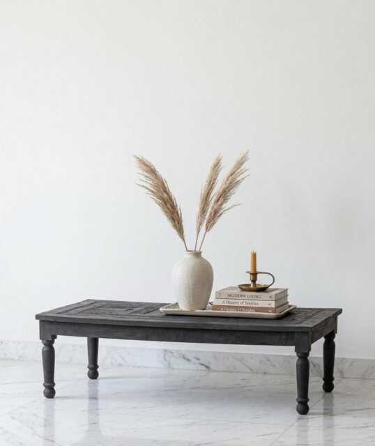 Black Reclaimed Teak Coffee Table - Hand-Carved Oval Wooden - image 1
