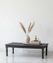 Black Reclaimed Teak Coffee Table - Hand-Carved Oval Wooden