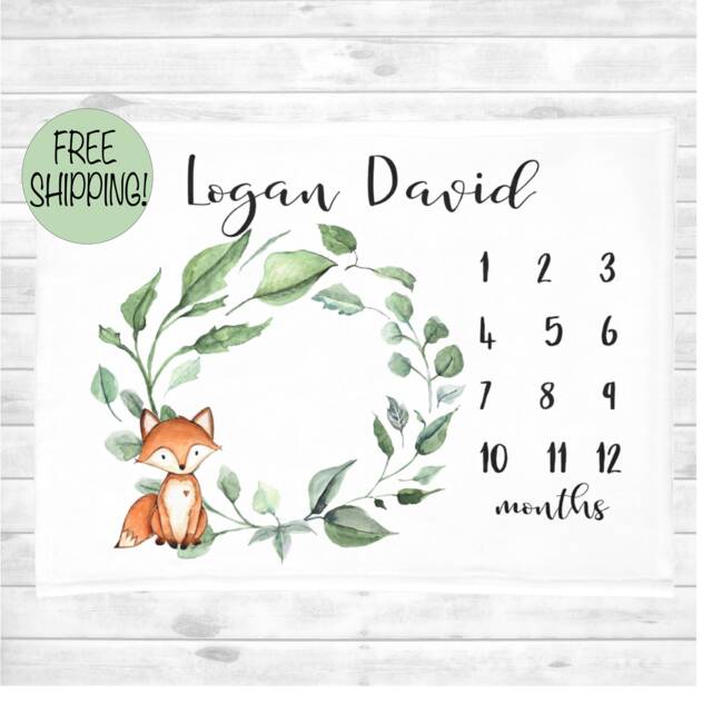 Woodland Milestone Blanket, Personalized Baby Boy Monthly Tracker Fox Deer Watch Me Grow Growth Tracker, Baby Shower Gift - image 1