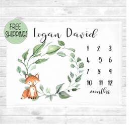 Woodland Milestone Blanket, Personalized Baby Boy Monthly Tracker Fox Deer Watch Me Grow Growth Tracker, Baby Shower Gift - thumbnail 1