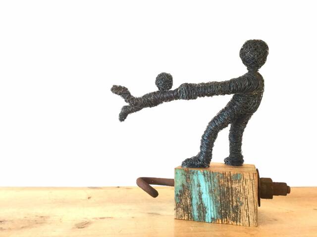 Wire Sculpture Of A Child Swinging in Circle - On Beautiful Wooden Block Handmade Art - image 1