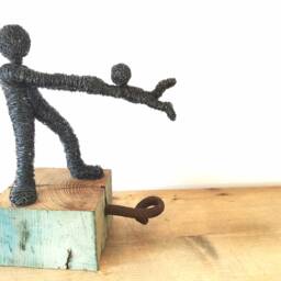 Wire Sculpture Of A Child Swinging in Circle - On Beautiful Wooden Block Handmade Art - thumbnail 2