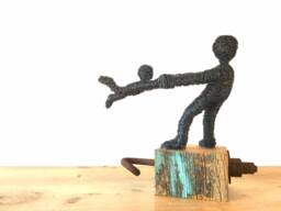 Wire Sculpture Of A Child Swinging in Circle - On Beautiful Wooden Block Handmade Art - thumbnail 1