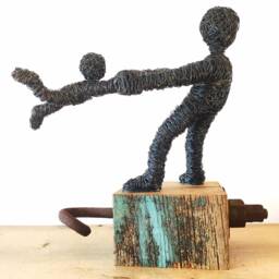 Wire Sculpture Of A Child Swinging in Circle - On Beautiful Wooden Block Handmade Art - thumbnail 4