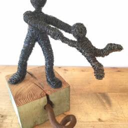Wire Sculpture Of A Child Swinging in Circle - On Beautiful Wooden Block Handmade Art - thumbnail 3