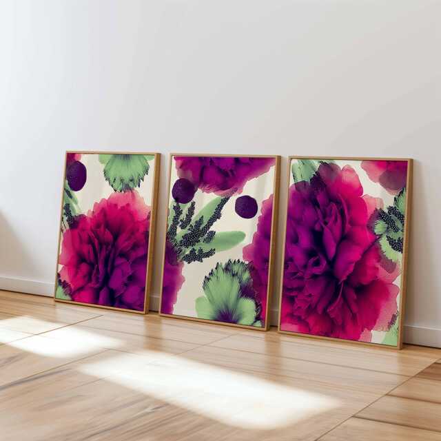 Fuchsia Floral Wall Art Set Of 3, Bold Botanical Poster Prints, Modern Pink & Green Flower For Bedroom Or Living Room Decor - image 1