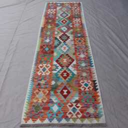 2'8x9'6 Ft Afghan Kilim Runner Rug Natural Veg Dye Wool Flatweave Boho Rug, Handwoven Tribal Geometric Carpet, Kitchen, Hallway - thumbnail 2