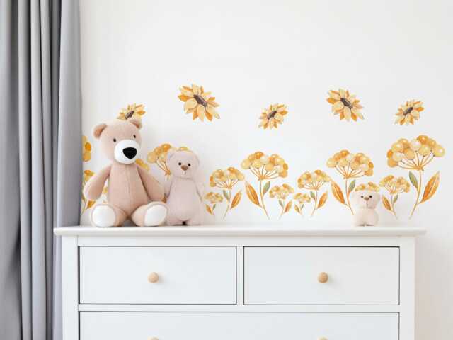 Sunflower Wall Stickers Floral Nursery Decor Yellow Flower Decals Wildflower Bedroom Peel & Stick Art - image 1
