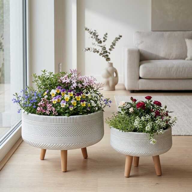 White Striped Concrete Bowl Planter With Wood Legs, Modern Shallow Stone Tripod Pot, Mid Century Indoor Plant Stand For Succulents Gifting - image 1