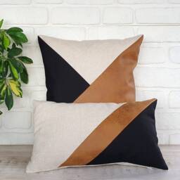 Zen Camel-Black-Beige Color Triangle Diagonal Design Distressed Leather Look Fabric Pillow Cover/Housewarming Gift-1Pcs - thumbnail 3