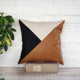 Zen Camel-Black-Beige Color Triangle Diagonal Design Distressed Leather Look Fabric Pillow Cover/Housewarming Gift-1Pcs - thumbnail 2